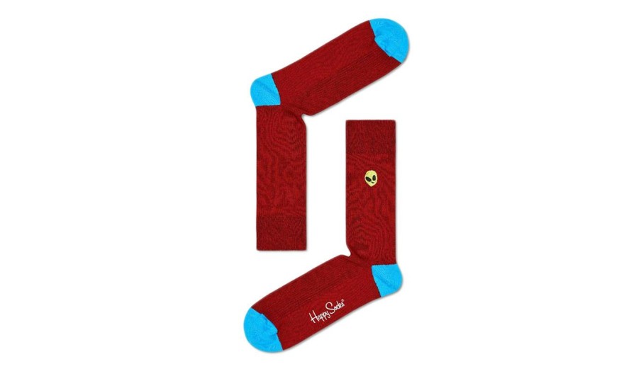 Clothing * | Happy Socks Ribbed Embroidery Alien Sock New Threads Burgundy