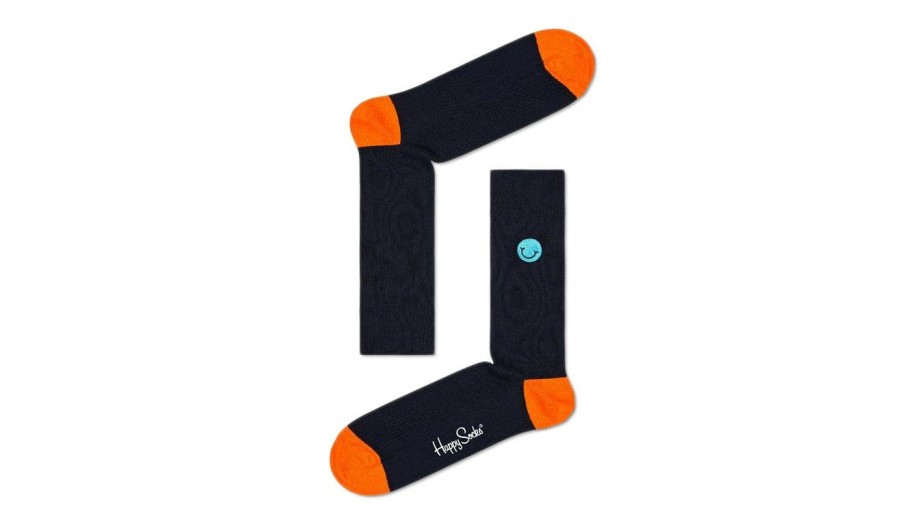 Clothing * | Happy Socks Ribbed Embroidery Smiley Sock Bestsellers Black